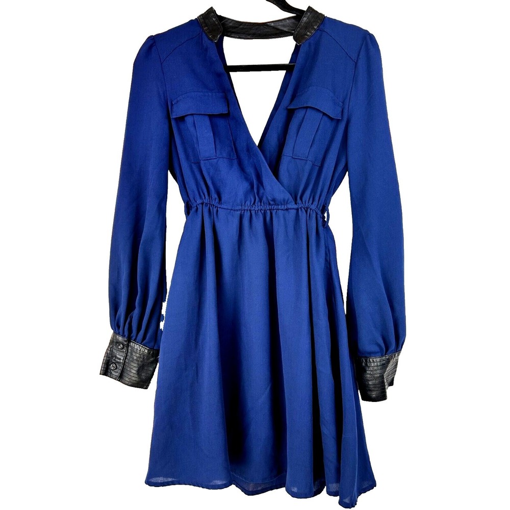 Very J V-Neck Mini Dress Womens Small‎ Royal Blue Faux Leather Trim Cutout Back